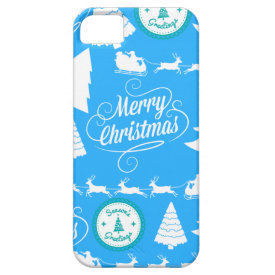 Merry Christmas Trees Santa Reindeer Teal Blue iPhone 5 Case