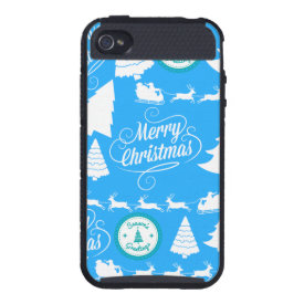 Merry Christmas Trees Santa Reindeer Teal Blue iPhone 4 Covers