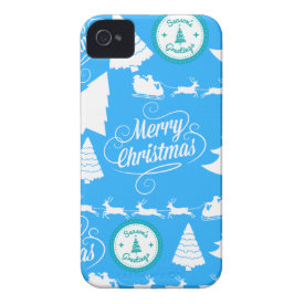 Merry Christmas Trees Santa Reindeer Teal Blue iPhone 4 Cases