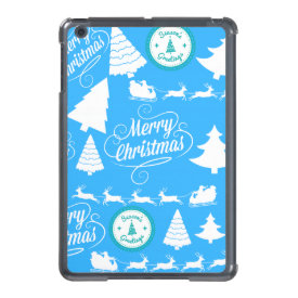 Merry Christmas Trees Santa Reindeer Teal Blue iPad Mini Cases