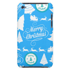 Merry Christmas Trees Santa Reindeer Teal Blue iPod Touch Case