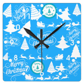 Merry Christmas Trees Santa Reindeer Teal Blue Clocks