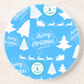 Merry Christmas Trees Santa Reindeer Teal Blue Drink Coasters