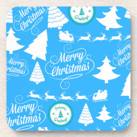 Merry Christmas Trees Santa Reindeer Teal Blue Beverage Coasters