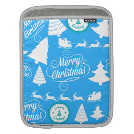 Merry Christmas Trees Santa Reindeer Teal Blue Sleeve For iPads