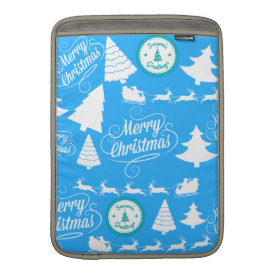 Merry Christmas Trees Santa Reindeer Teal Blue MacBook Sleeve