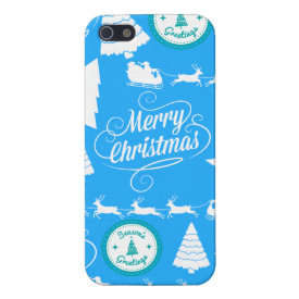 Merry Christmas Trees Santa Reindeer Teal Blue iPhone 5 Cases