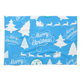 Merry Christmas Trees Santa Reindeer Teal Blue Hand Towels