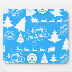 Merry Christmas Trees Santa Reindeer Teal Blue Mouse Pad