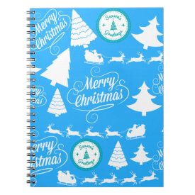 Merry Christmas Trees Santa Reindeer Teal Blue Spiral Notebook