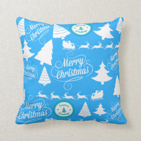 Merry Christmas Trees Santa Reindeer Teal Blue Pillows