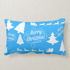 Merry Christmas Trees Santa Reindeer Teal Blue Throw Pillow