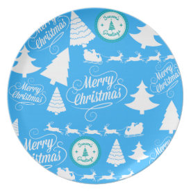 Merry Christmas Trees Santa Reindeer Teal Blue Dinner Plates