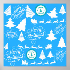 Merry Christmas Trees Santa Reindeer Teal Blue Poster