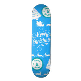Merry Christmas Trees Santa Reindeer Teal Blue Custom Skate Board