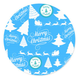 Merry Christmas Trees Santa Reindeer Teal Blue Round Sticker
