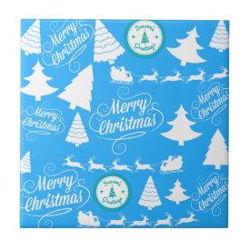 Merry Christmas Trees Santa Reindeer Teal Blue Tile