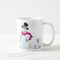 Merry Jack Russell Dog and Snowman mugs