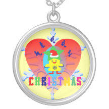 ♫♥Merry X-Mas Chicken-Santa Fun Silver Necklace♥♪