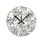 messy gray green branches on white background wall clocks
