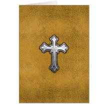 Metal Cross on Gold Leather Greeting Card