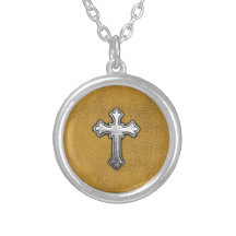 Metal Cross on Gold Leather Pendants