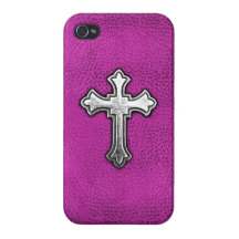 Metal Cross on Pink Leather Case For iPhone 4