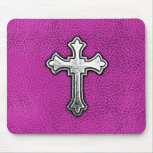 Metal Cross on Pink Leather Mousepad