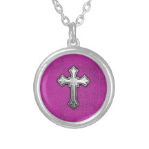 Metal Cross on Pink Leather Personalized Necklace
