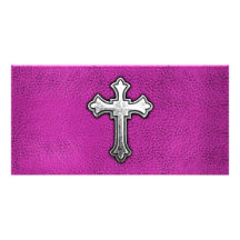 Metal Cross on Pink Leather Photo Greeting Card