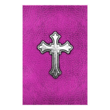 Metal Cross on Pink Leather Stationery Design