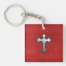 Metal Cross on Red Leather Acrylic Key Chain