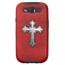 Metal Cross on Red Leather Samsung Galaxy SIII Cover