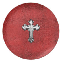 Metal Cross on Red Leather Dinner Plates