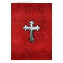 Metal Cross on Red Leather Greeting Card