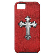 Metal Cross on Red Leather iPhone 5 Cases