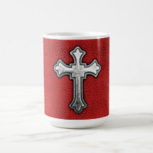 Metal Cross on Red Leather Mugs