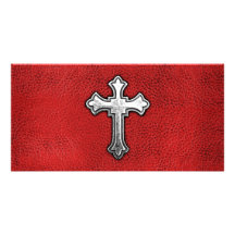 Metal Cross on Red Leather Photo Greeting Card
