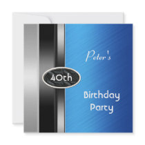 Metal Silver Blue Mens 40th Birthday Party Man Personalized Invitation