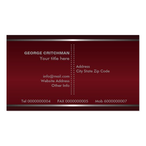 Metal silver grey burgundy red, monogram business business card template (back side)