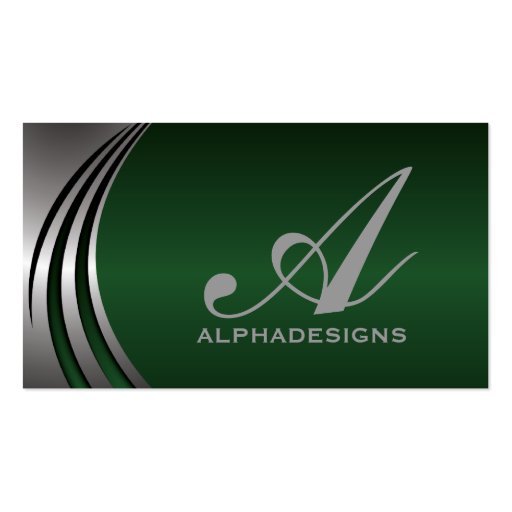Metal silver grey, green eye-catching monogram business cards (front side)