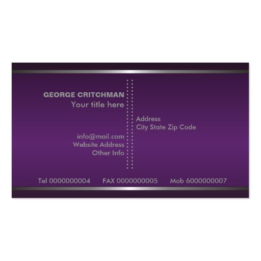 Metal silver grey purple, eye-catching monogram business card templates (back side)