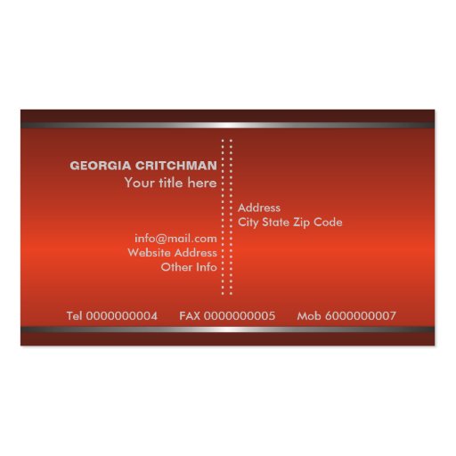 Metal silver grey red-orange eye-catching monogram business cards (back side)