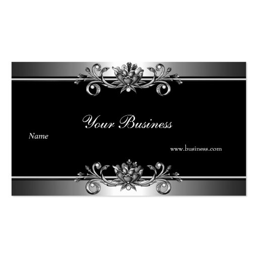 Metal Silver Look  Black Elegant Jewel Floral Business Cards (front side)