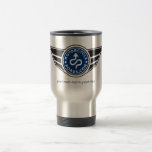 Metal travel mug with blue MCR logo