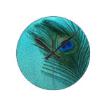Metallic Aqua Blue Peacock Feather Clock