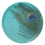 Metallic Aqua Blue Peacock Feather Dinner Plates