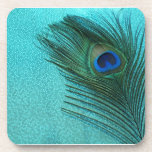 Metallic Aqua Blue Peacock Feather Drink Coaster
