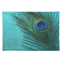 Metallic Aqua Blue Peacock Feather Place Mats