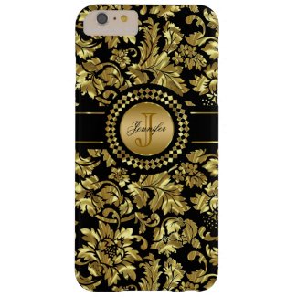 Metallic Black & Gold Vintage Damasks Monogram Barely There iPhone 6 Plus Case